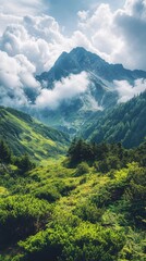 Obraz premium A breathtaking mountain landscape with lush greenery, rolling hills, and dramatic clouds, evoking a sense of tranquility and natural beauty.
