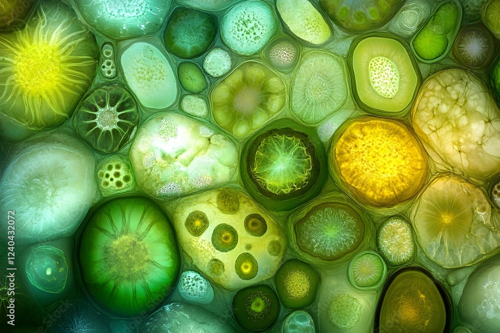 Poster abstract green and yellow cell structures microscopic view artistic ai generated image