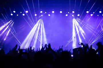 Crowd at concert and colorful stage lights.