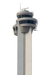 Air traffic control. The tower features a modern design with multiple levels and radar equipment on...