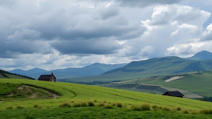 Naklejka premium Serene landscape featuring two small houses on rolling green hills under a cloudy sky, offering a peaceful and tranquil countryside scene.