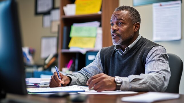 An athletic director reviewing schedules and planning team practices in an office.