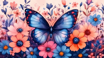 Obraz premium Retro colorful flower and butterfly art decoration painting