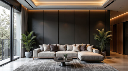 modern dark living room with sofa