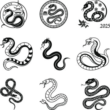 Chinese New Year 2025 Snake Logos, Chinese Zodiac Snake 2025 Icons, Snake Silhouette Illustration