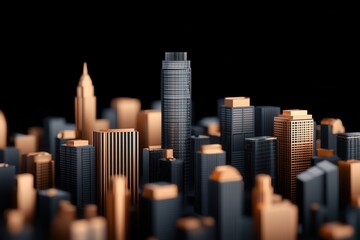 A miniature cityscape featuring high-rise buildings with a mix of gold and dark hues, set against a black background, creating a striking visual contrast.