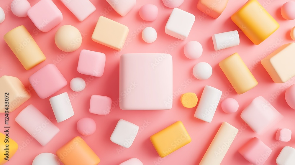 Poster abstract flat lay composition of colorful geometric shapes on soft pink background for creative use