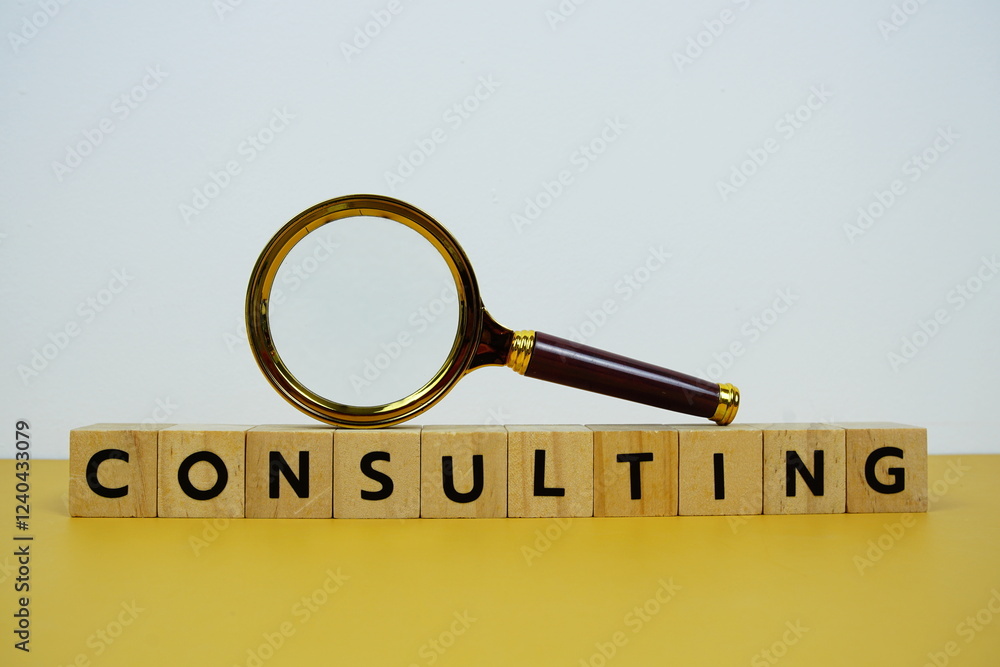 Poster magnifying glass with wooden blocks alphabet letters consulting text message on yellow background