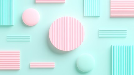 Abstract Composition of Geometric Shapes in Soft Pastel Colors with Stripes and Solid Patterns