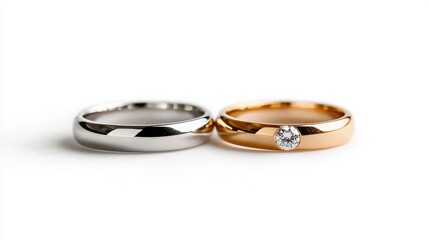 Naklejka premium Wedding rings, gold and platinum, close-up, white background, marriage symbol