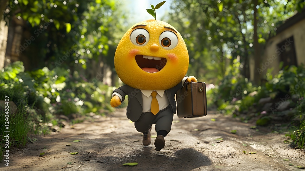 Aufkleber vibrant 3d scene featuring an anthropomorphic lemon character with wide eyes and an open mouth sprin