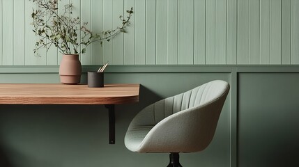 Sage green wall, oak desk, chair, vase, pencils. Home office design