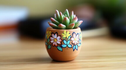 A tiny clay pot with hand-painted flowers, holding a small succulent plant, displayed on a wooden desk.