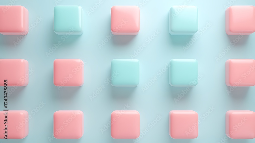 Aufkleber arrangement of colorful pink and blue square blocks on a soft background for creative design project