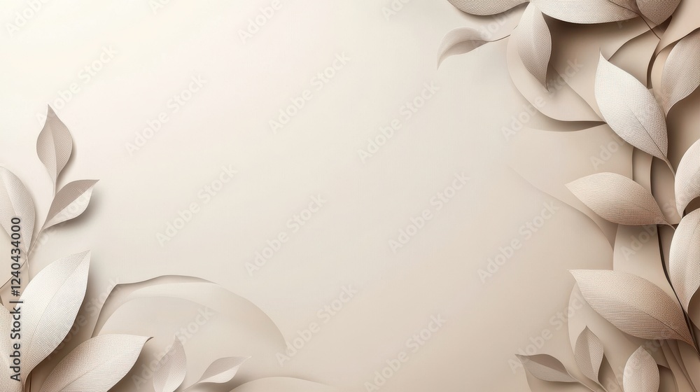 Poster a serene background featuring textured leaves in soft, neutral tones, creating a calming and elegant