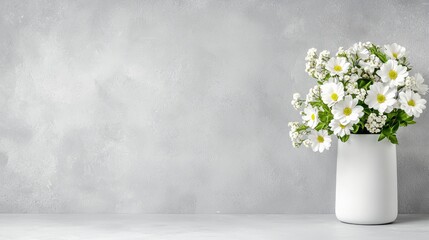 Fototapeta premium White daisies in vase, grey background, spring, home decor