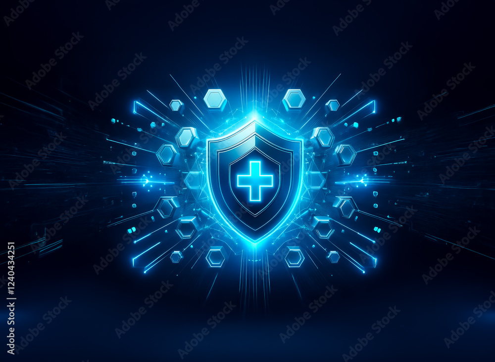Poster a glowing blue shield, emblazoned with a cross, is surrounded by futuristic hexagonal elements, sugg