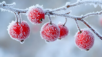 Frosty Red Berries on Branch with Icy Snowy Background
