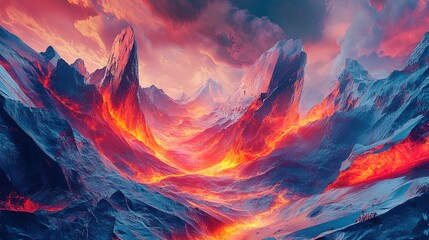 A mesmerizing abstract landscape with flowing lava rivers and geometric rock formations