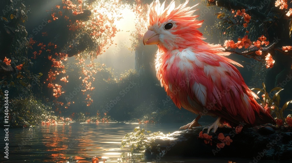 Poster vibrant and surreal 3d depiction of a rare bird in a whimsical forest the bird's exaggerated feature