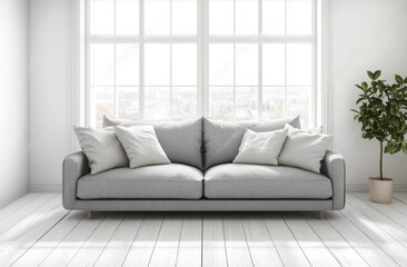Grey sofa, bright living room, city view, interior design