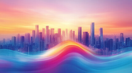 Fototapeta premium Gradient colored lines and city skyline technology business theme background