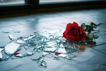 A symbolic image of shattered glass on the floor, with a red rose lying among the fragments, its petals slightly wilted, representing broken love and violence.