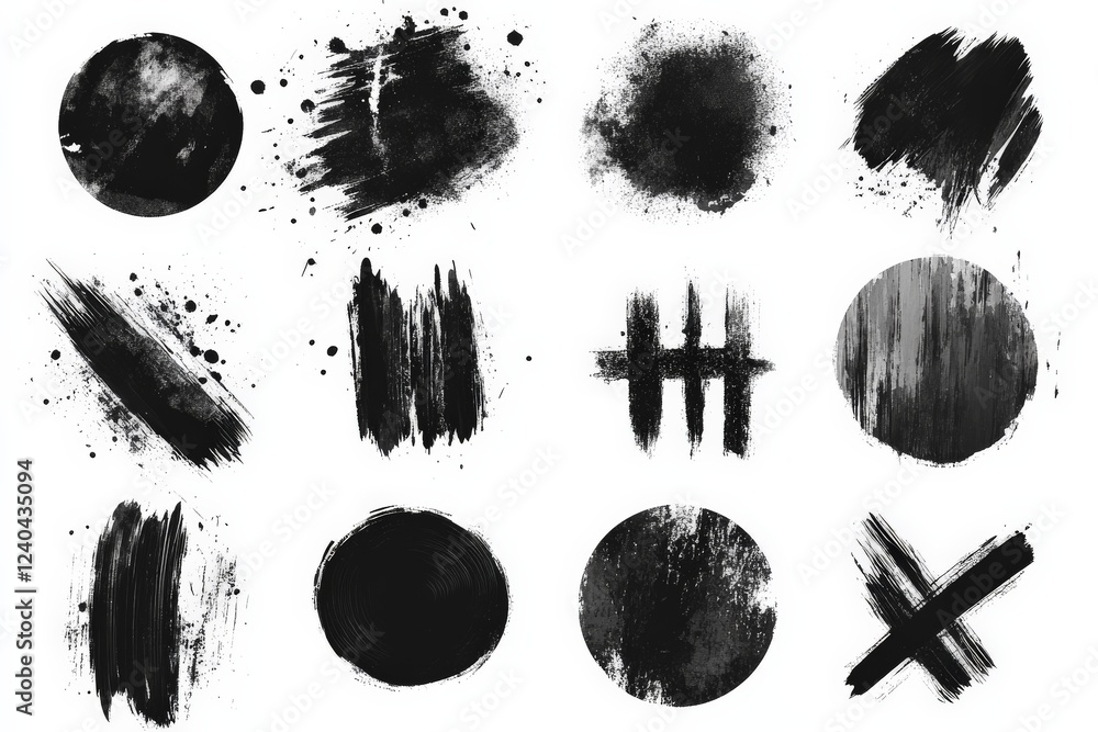 Aufkleber Black abstract brush strokes and textures arranged in a creative grid format for artistic inspiration