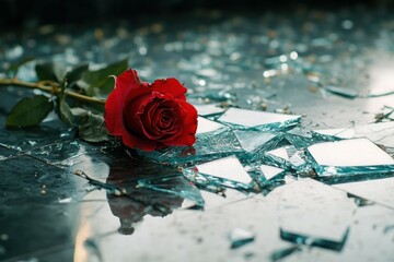 A symbolic image of shattered glass on the floor, with a red rose lying among the fragments, its petals slightly wilted, representing broken love and violence.