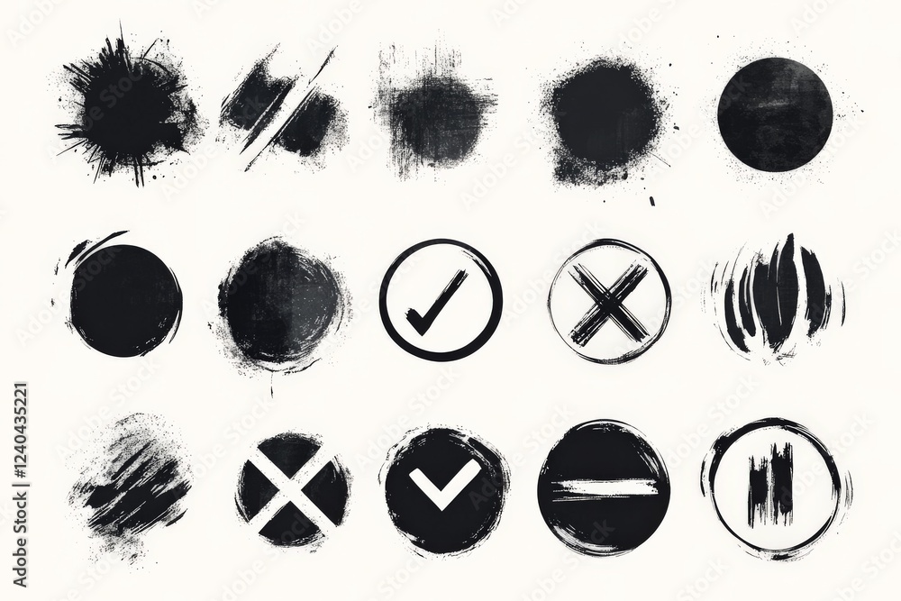 Poster black and white abstract symbols featuring circles, ticks, and crosses on a light background in vari