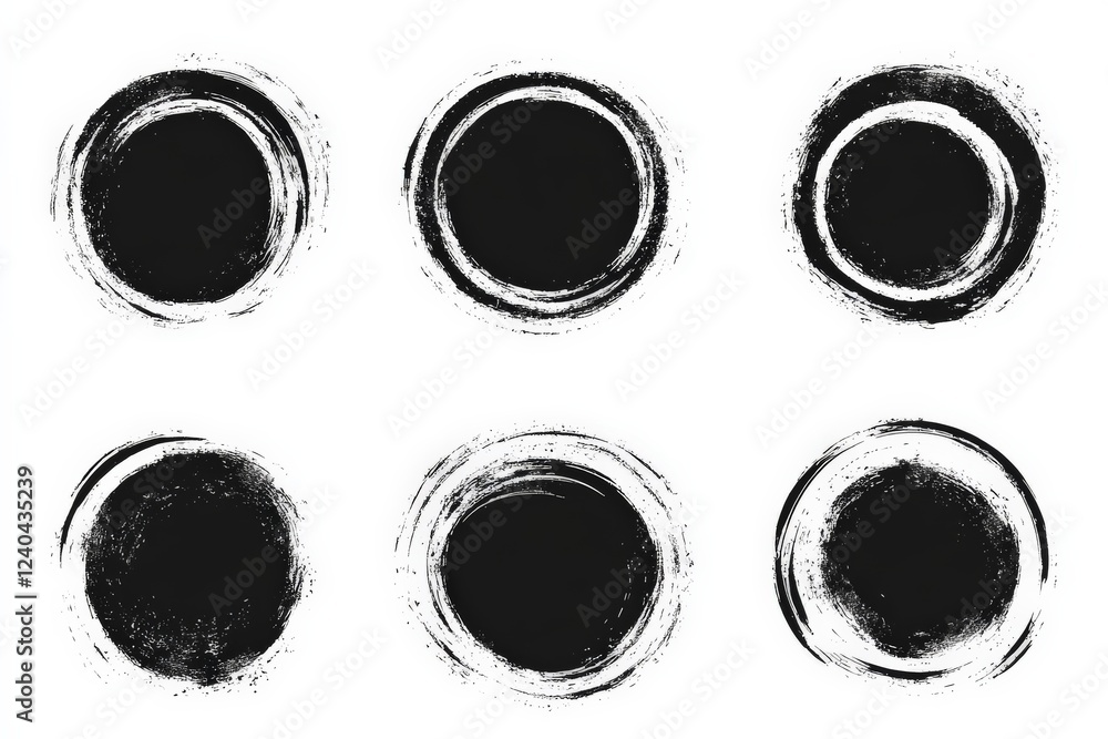Poster black circular brush strokes arranged in a grid showcasing variable designs and textures