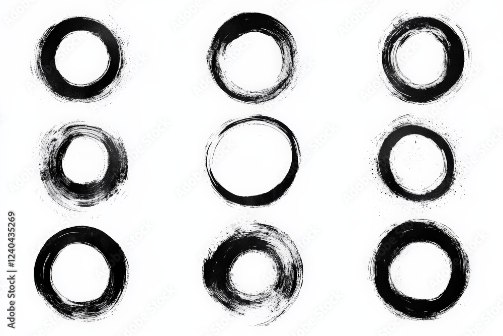 Poster black and white circles in varied styles representing balance and harmony on a minimalist background