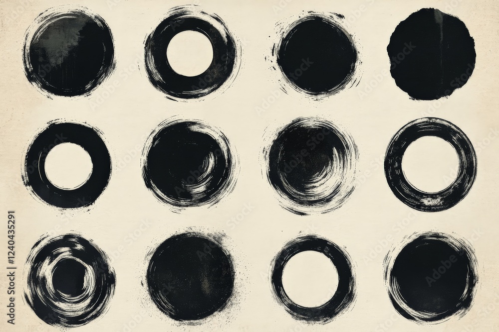 Fototapete Abstract black and white circular patterns arranged in a grid on textured background