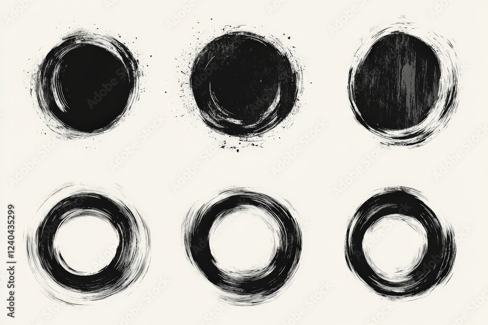 Poster Abstract black brushstroke circles arranged in a grid pattern on a light background showcasing artistic design elements