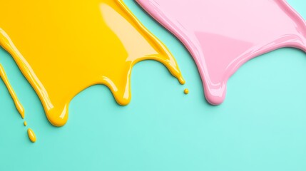 Obraz premium Bright Yellow and Pink Paint Drips on Aquamarine Background Creating a Playful and Colorful Texture