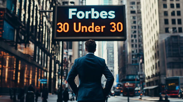 Ambitious business man standing in a bustling city street looking at a Forbes 30 Under 30 sign symbolizing success entrepreneurship leadership and career achievement in the corporate world