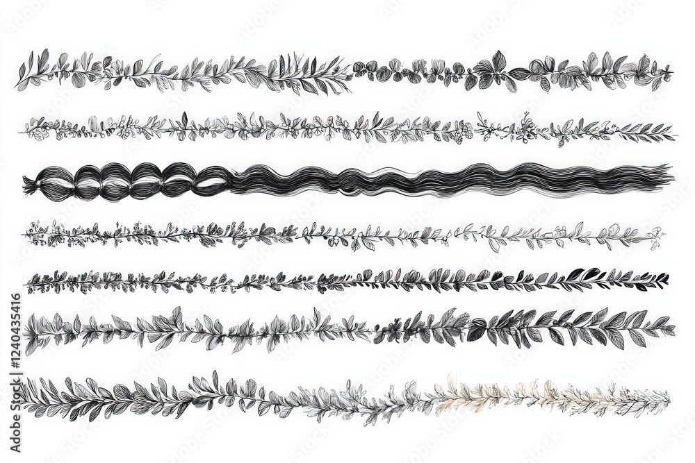 Poster intricate black and white illustrations of leaves and hair patterns in diverse arrangements and styl