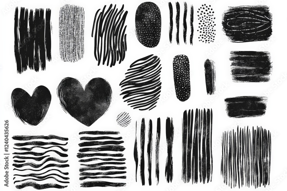Poster abstract black and white patterns featuring lines and heart shapes created with texture and contrast