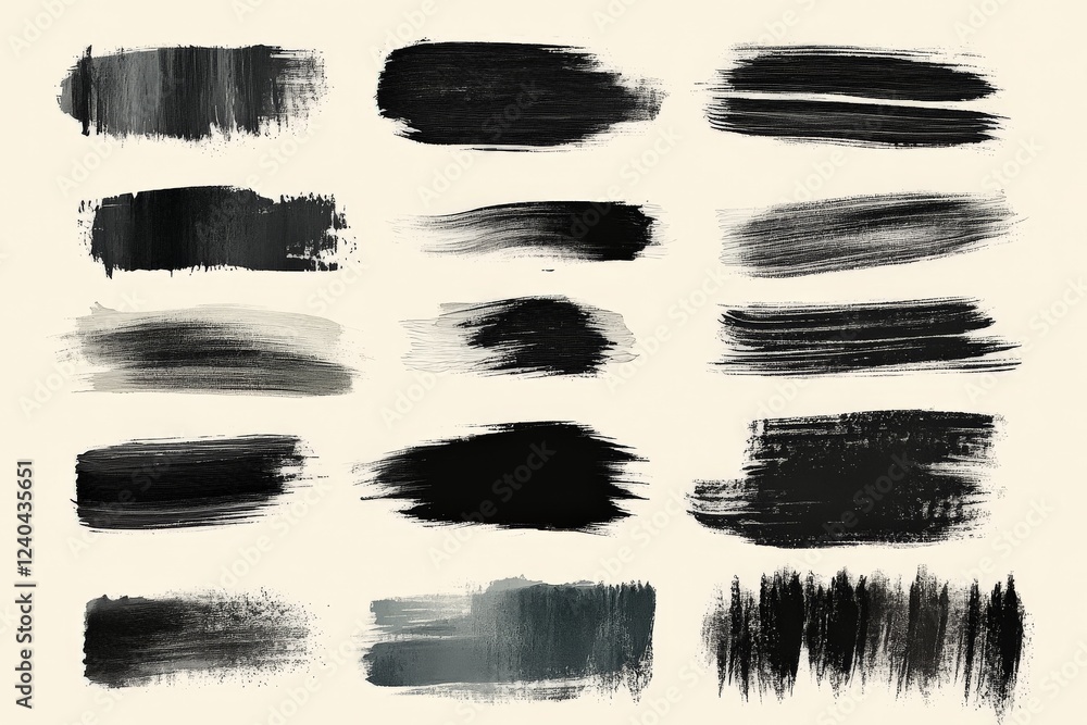 Poster black and gray paint strokes on a light background showcasing artistic brush techniques and textures