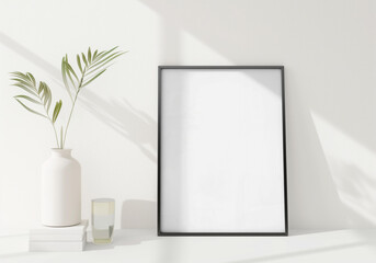 Black frame in a bright interior Mockup. Vertical picture lighted by the sun with soft shadows. Generative ai