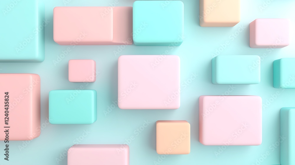 Poster colorful 3d cubes and rectangles arranged on a soft turquoise background for modern design concepts