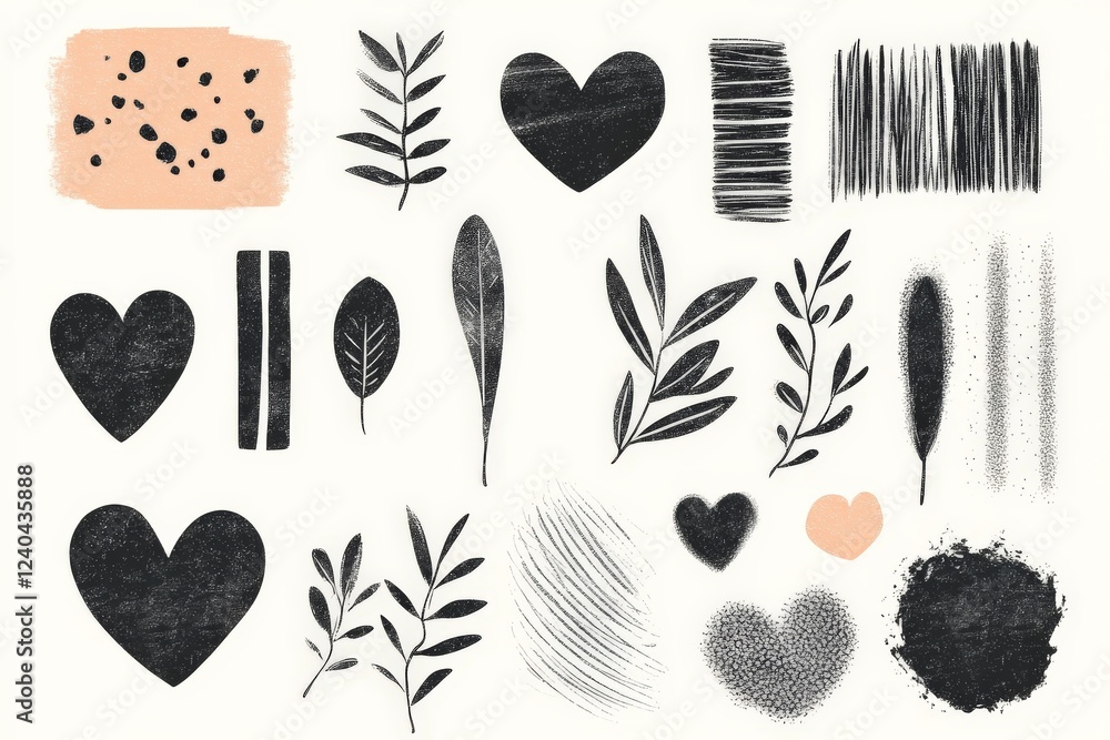 Aufkleber artistic collection of hand-drawn shapes and patterns featuring hearts and leaves on a light backgro