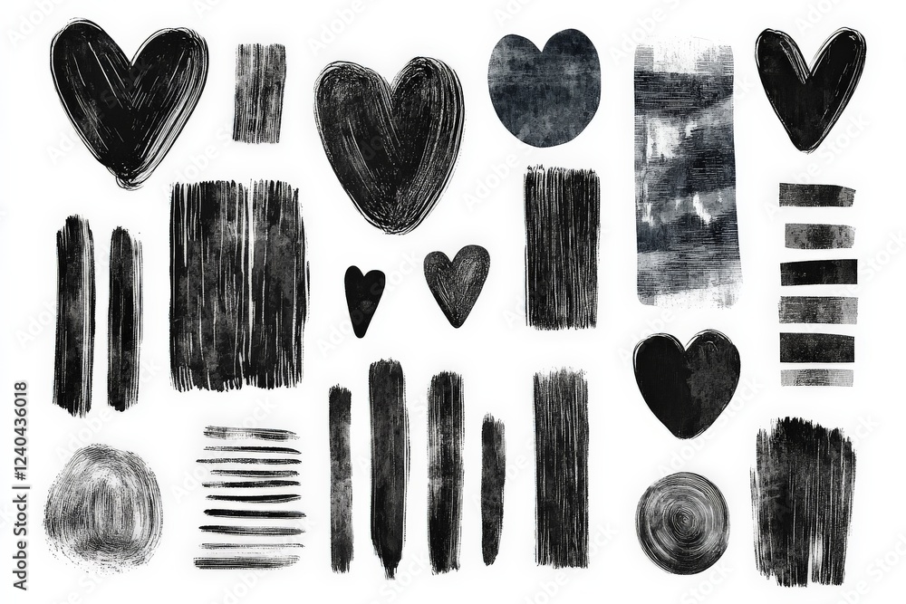 Aufkleber abstract black hearts and strokes in various shapes on white background for creative design purposes
