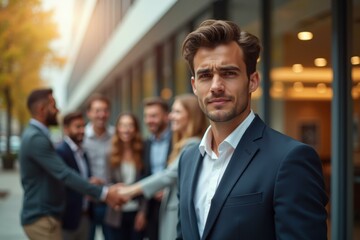 Confident young businessman in navy suit standing outdoors with diverse colleagues shaking hands in blurred office building background for teamwork, business meeting, corporate success, networking ev