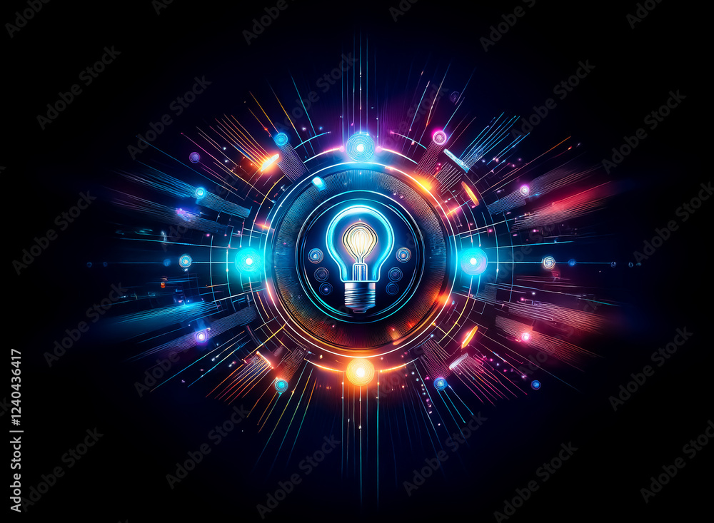 Poster a glowing lightbulb at the center of a vibrant, technological circular design. surrounding it are st