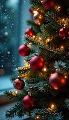 Warmly lit Christmas tree with ornaments and lights, winter, Christmas tree, green