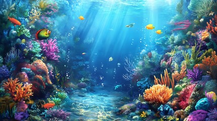 Fototapeta premium A vibrant underwater scene with colorful coral reefs, fish, and sunbeams