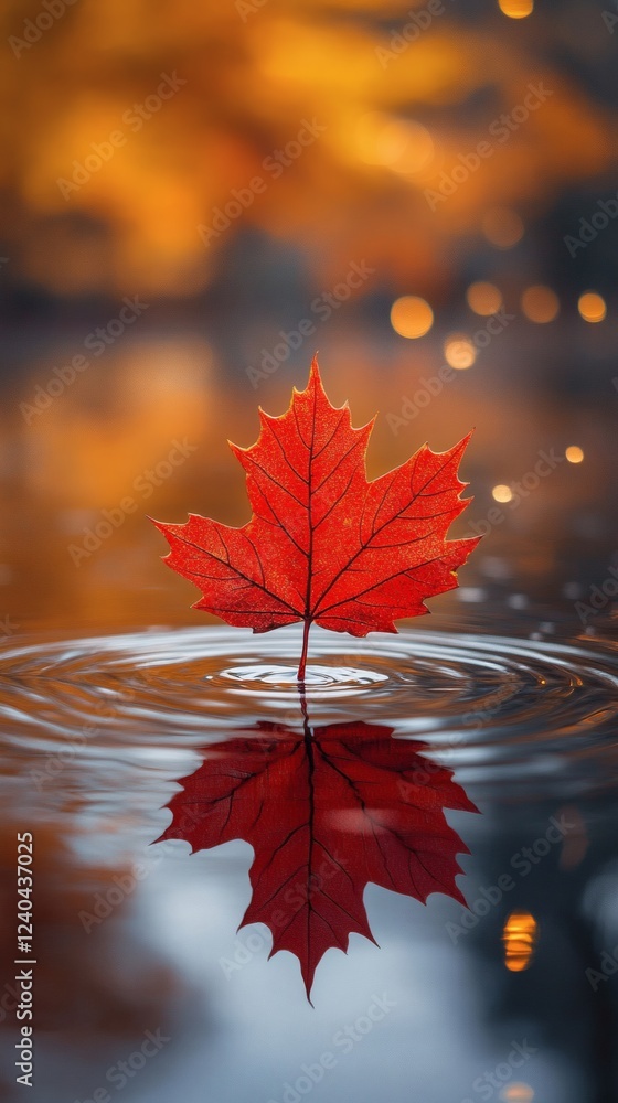 Poster vibrant red maple leaf floats on a glassy water surface reflecting perfectly golden bokeh highlights