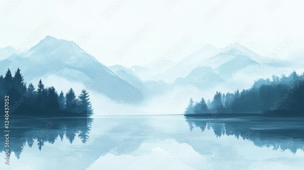 Poster serene mountain landscape with tranquil water mirror reflecting calm atmosphere at dawn in a remote 