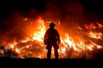 Obraz premium Brave firefighter stands silhouetted against towering flames during night firefighting efforts in rugged terrain